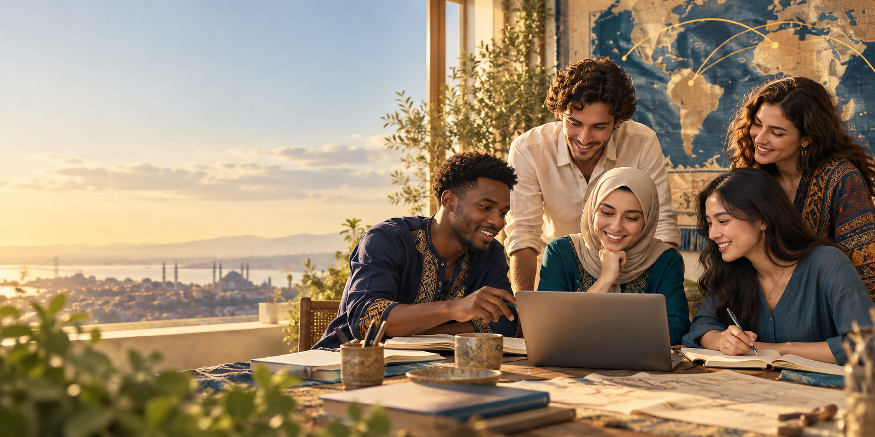 Students and freelance partners from different countries learning together at a laptop, overlooking Istanbul at golden hour
